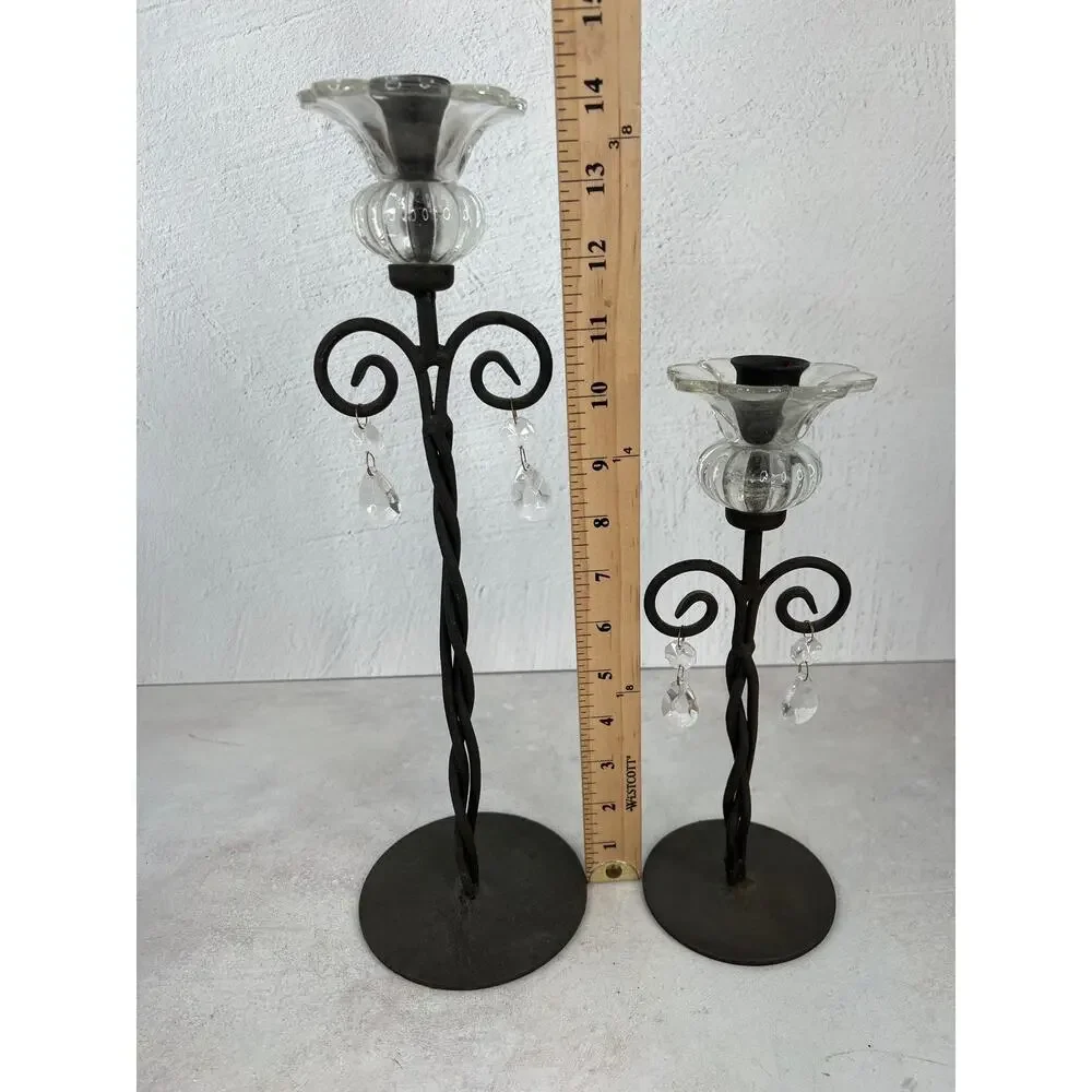 Wrought Iron Scroll‎ Candle Holders Glass Ornate Decorative Pair
